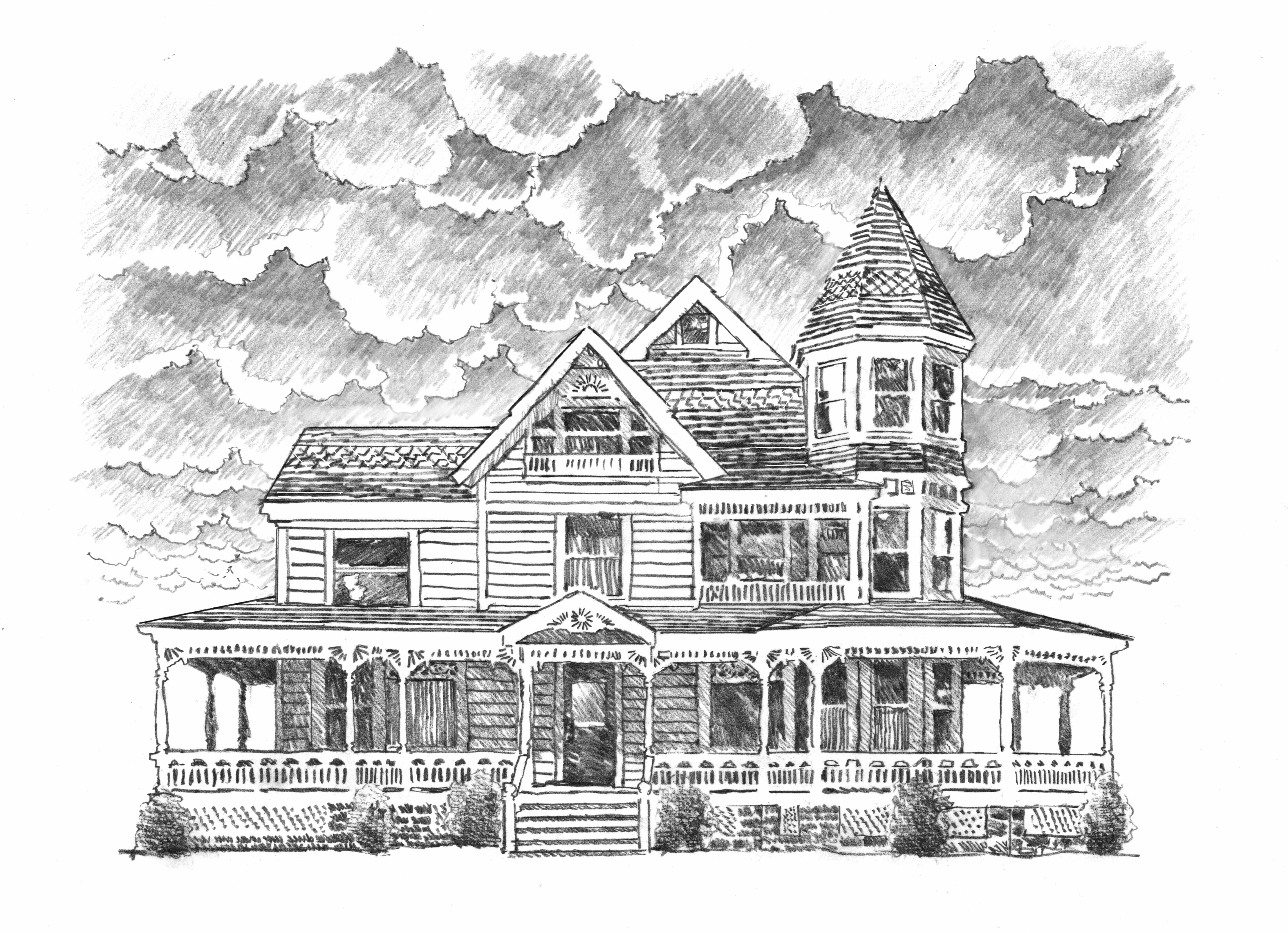 Victorian B&B illustration with storm clouds